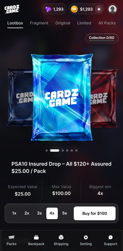 Pack detail page with odds and chase cards