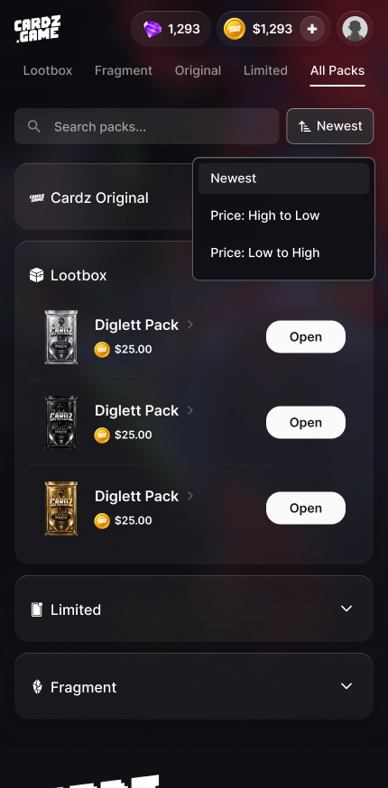 Cardz.game pack category tabs